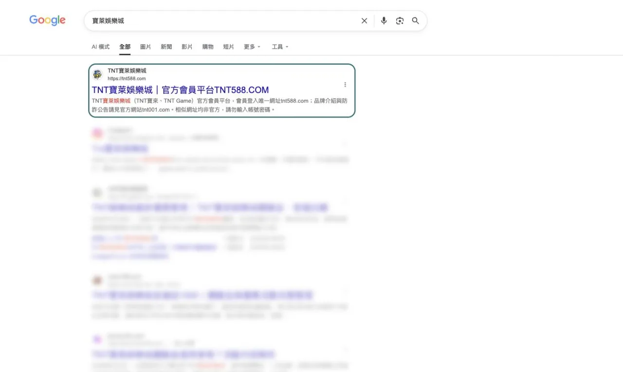 搜尋寶萊娛樂城的實際結果畫面，官方平台 tnt588.com 排在第一並以框線標示，其餘導流站模糊處理