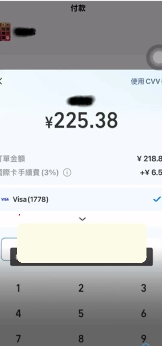 支付寶付款頁顯示訂單金額 218.8 元人民幣，另加國際卡手續費 3%，合計 225.38 元人民幣