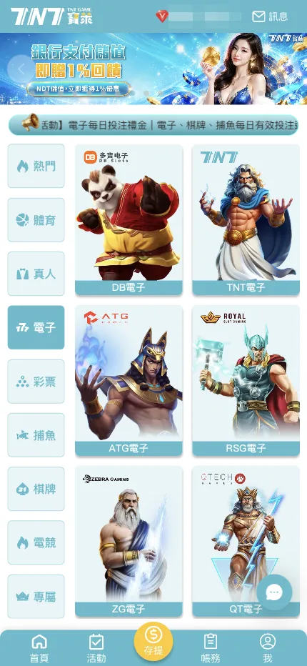 TNT寶萊平台電子分類實際畫面：DB電子、TNT電子、ATG電子、RSG電子、ZG電子、QT電子等館別卡片